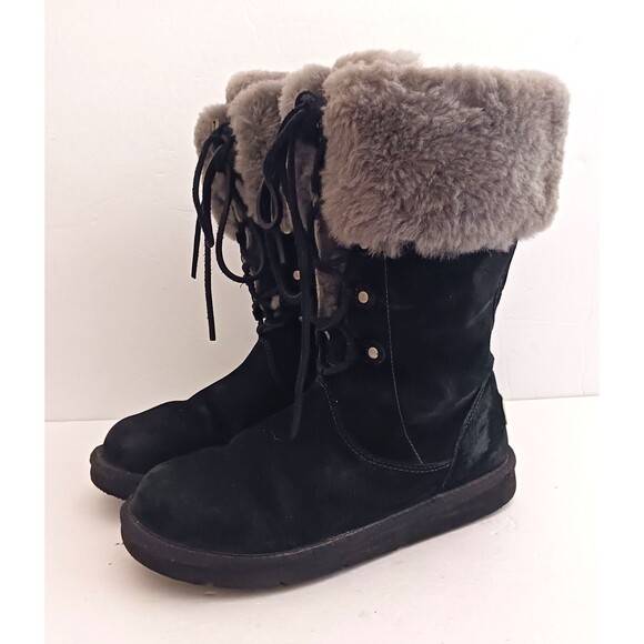 UGG Montclair 1892 Blk Leather Tall Lace Up Boot Gray Shearling Lined US 7 - Picture 3 of 8